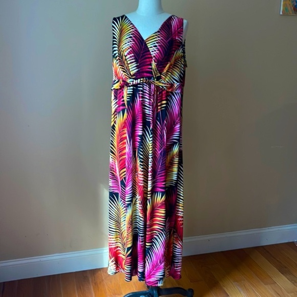 NOTIONS Plus Sized Long Sleeveless Maxi Dress Tropical 1X Crisscross Pink Yellow